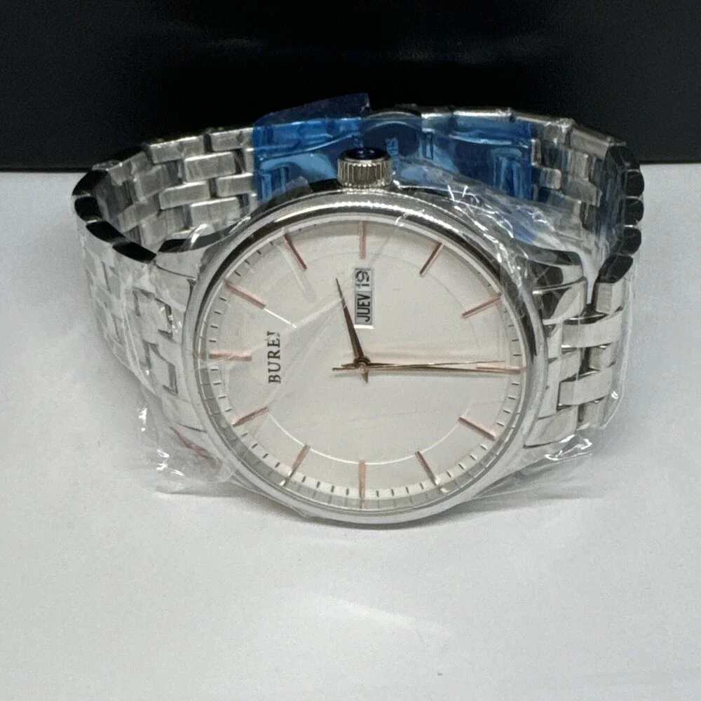 Burei S-13001M Men's Silver Stainless Steel Analog White Dial Quartz Watch JNA48